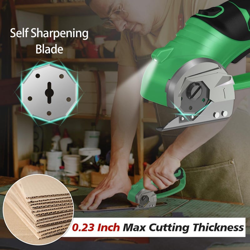 Mershca Cordless Electric Scissors, 4V Rechargeable Box Cutter & Cardboard Cutter with Titanium Blade, LED Light, Safety Lock - Rotary Cutter for Fabric, Leather, Plastic, Crafting, Sewing(Bright Green) - Image 2